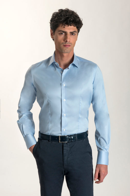 Camicia celeste in cotone stretch collo italiano