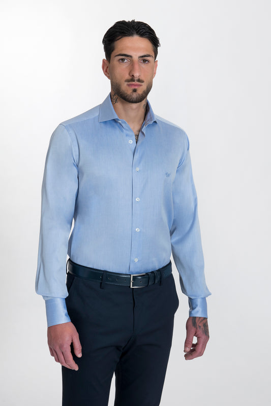 Camicia Celeste in Cotone Twill Collo Francese