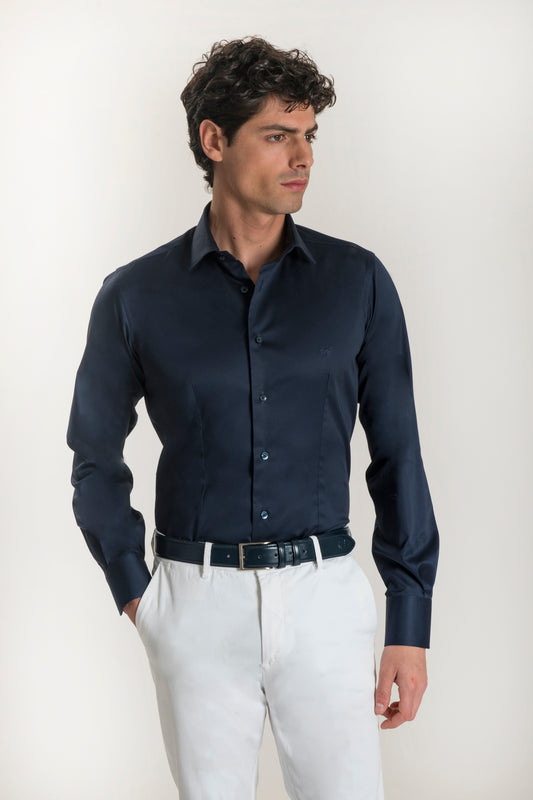 Camicia blu in cotone stretch collo italiano