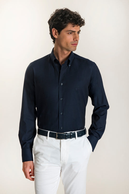 Camicia blu in cotone operato nido d'ape button down