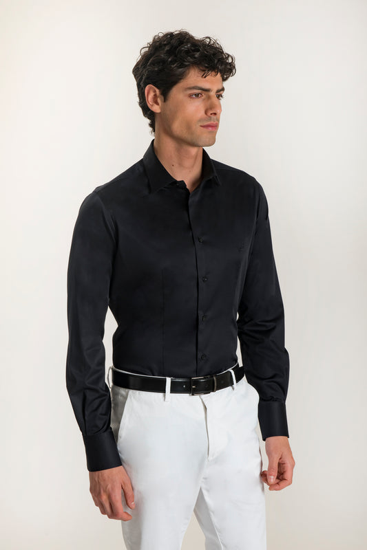 Camicia nera in cotone stretch collo italiano