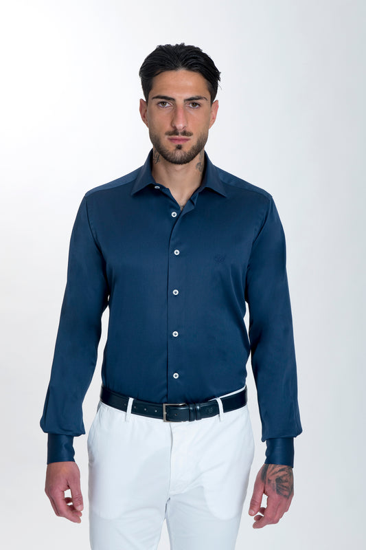 Camicia Blu in Cotone Twill Collo Italiano