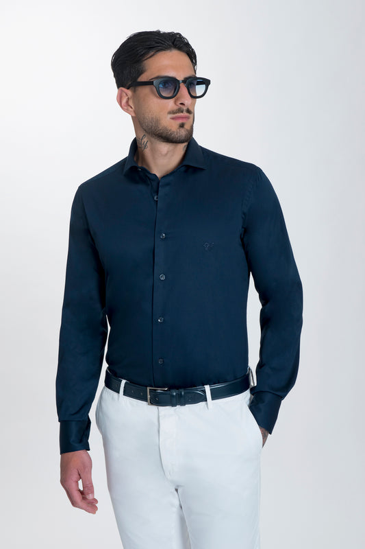 Camicia blu in raso di cotone regular fit
