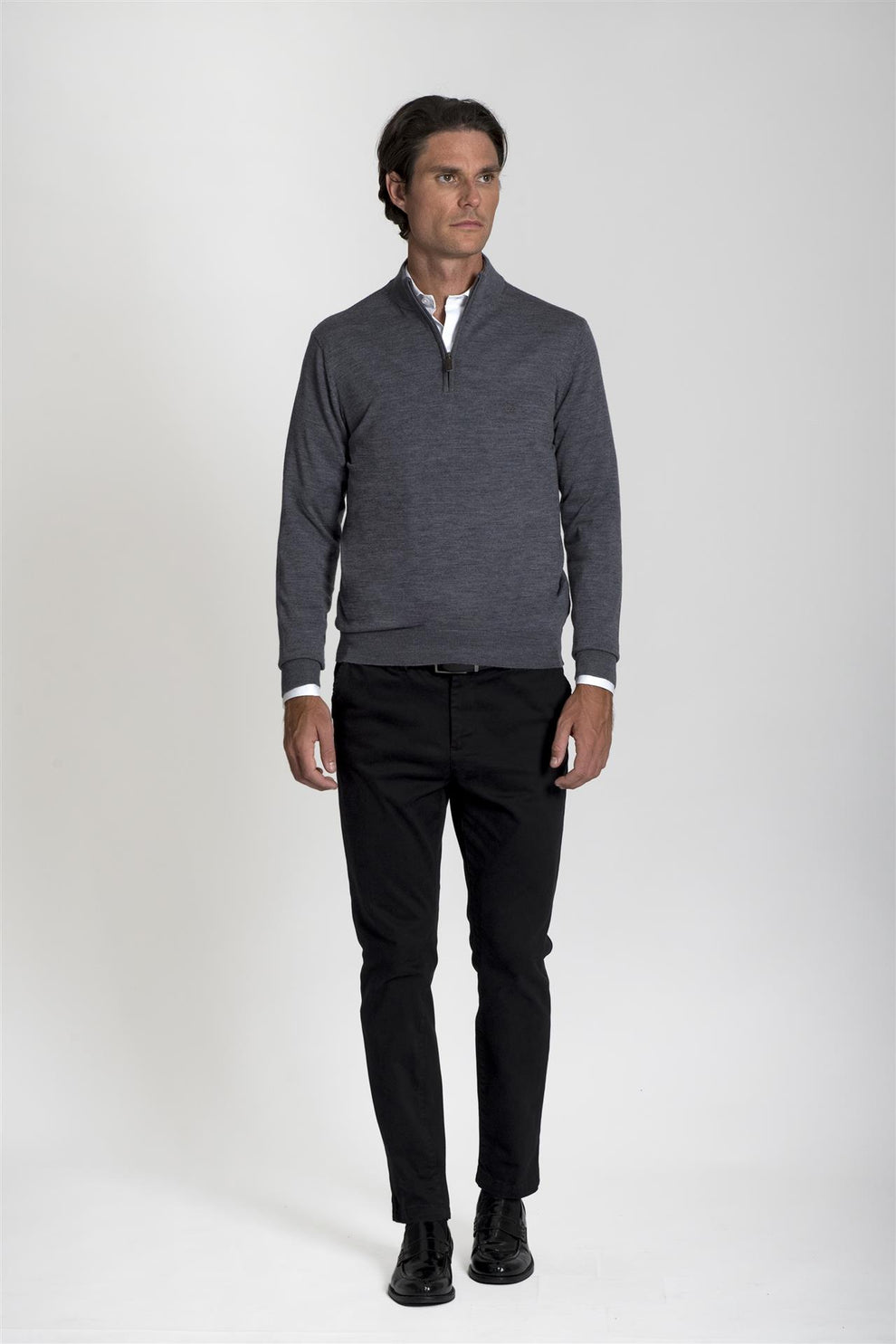 Maglia grigia mezza zip pura lana merino extrafine – CAPORICCIO